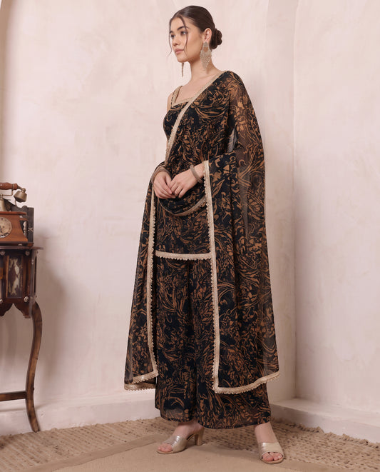 Black Abstract Printed Chiffon Kurta & Palazzo With Dupatta Indo Western Women 3 Piece Set