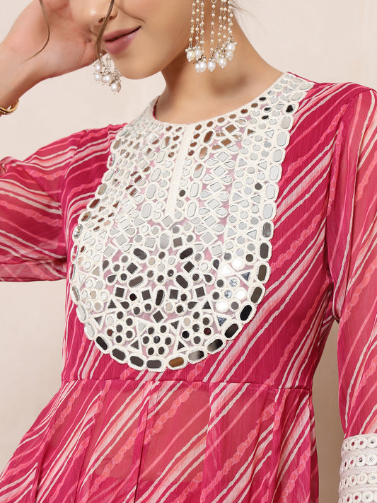 Magenta Pink Laheriya Anarkali Tunic With Embroidered Neck Patch With Palazzo Pant Indo Western Women Co-Ord Set