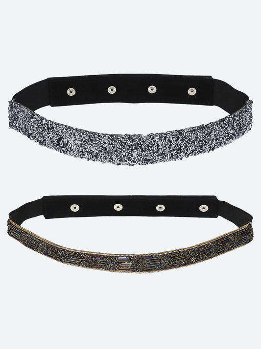 Women's Set Of 2 Gold-Toned Silver-Toned Ombre Beaded Embellished PU Belt