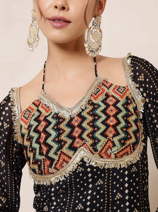 Black Halter Neck Bandhani Printed Kurta With Palazzo Indo Western Women Co-Ord Set