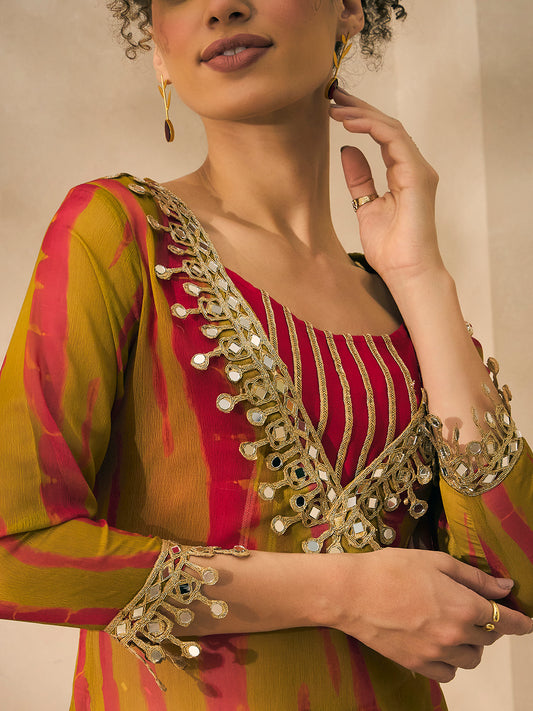 Olive Green Tie- Dye Print Chiffon Deep Neck Kurta With Palazzo And Bustier Indo Western Women 3 Piece Set