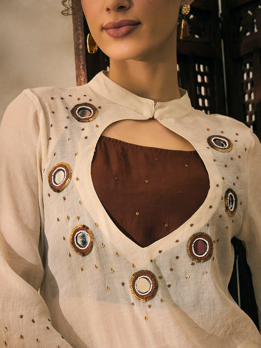 Off White C-Cut Embroidered Kurti With Palazzo With Bustier Women Indo Western 3 Piece Set