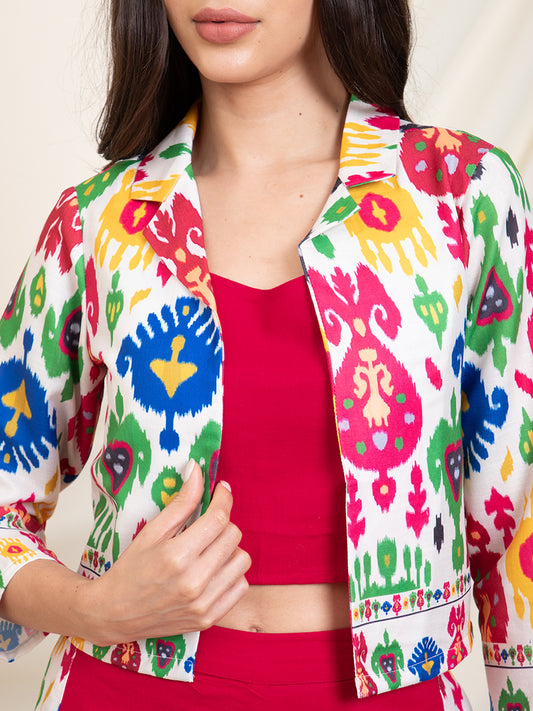 Multi Colour Printed Blazer With Inner Top With Pant Women Set