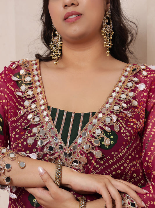 Fuchsia Bandhani Printed Kurti With Sharara With Inner Crop Top Women Indo Western Women 3 Piece Set