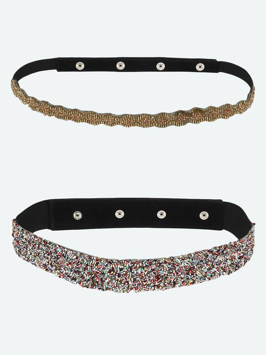 Women's Set Of 2 Silver-Toned Gold-Toned Rainbow Sequin Embellished PU Belt