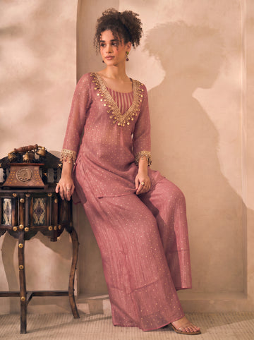 Pink Solid Shimmer Butta Deep Neck Kurta With Palazzo And Bustier Indo Western Women 3 Piece Set