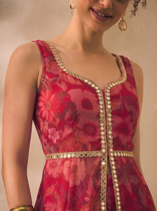 Magent Floral Chiffon Corset Top & Palazzo With Dupatta Women 3 Piece Set