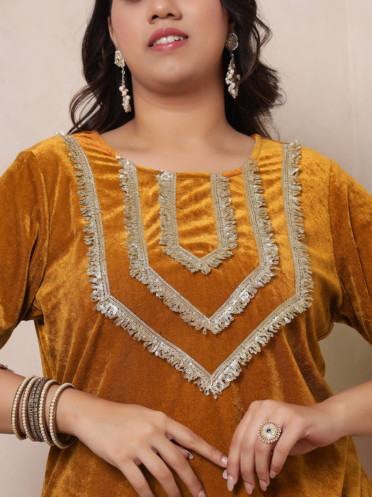 Velvet Mustard Kurti Embellished By Lace Sharara With Dupatta Women Indo Western Women Co-Ord Set