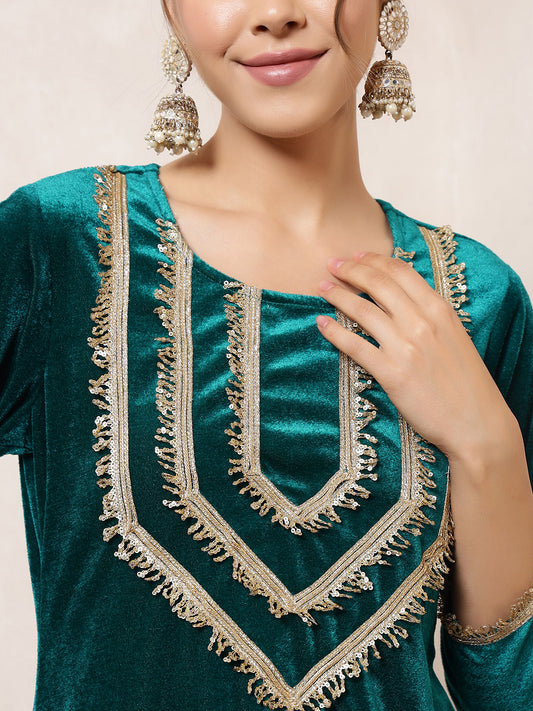 Rama Green Color Kurti With Palazzo With Dupatta Indo Western Women 3 Piece Set