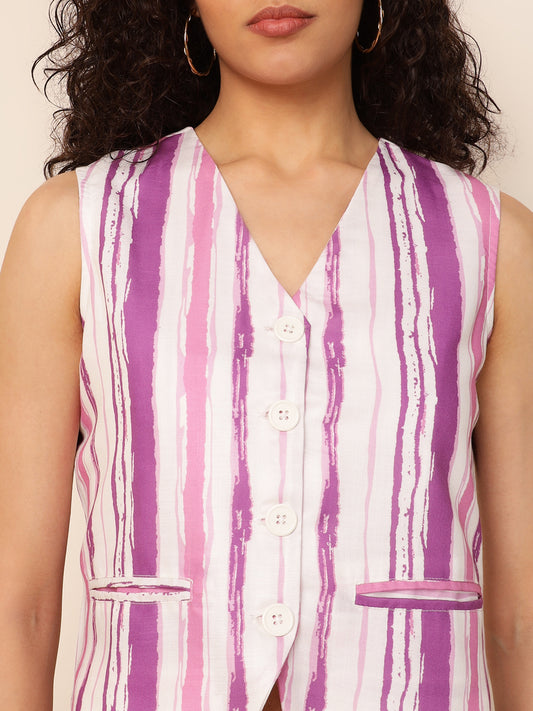 Lavender Striped Waistcoat With Pant Women Co-Ord Sets