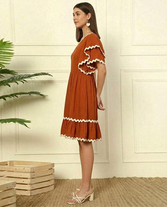Tan Brown Rayon One Shoulder Tiered Layered Women Dress