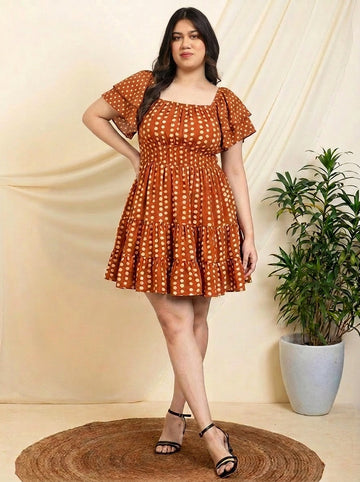 Tan Brown Pure Rayon Polka Dots Women Tiered Dress