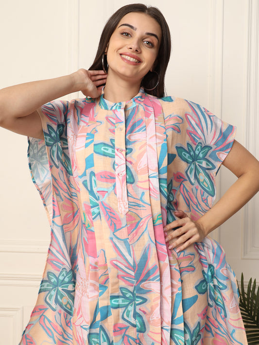 Floral Linen Printed High Low Women Kaftan Dress