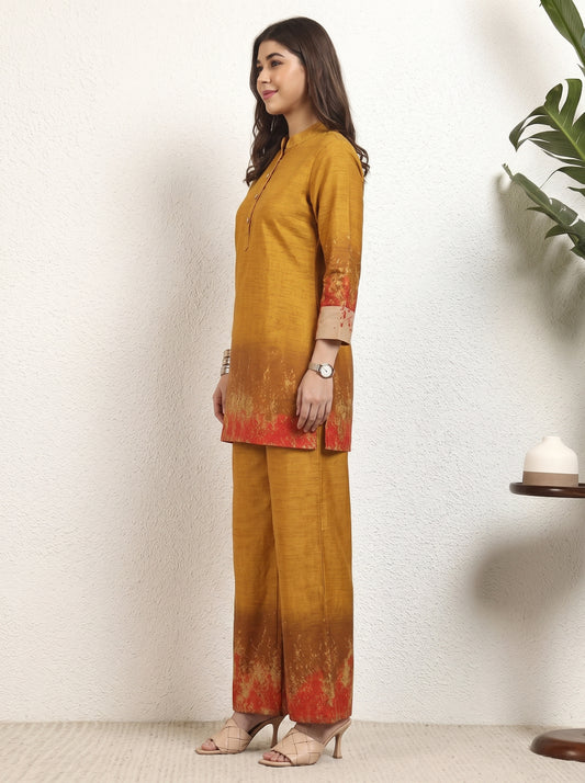 Mustard Tie Dye Polyester Kurta With Slit Pant Women Co-Ord Set