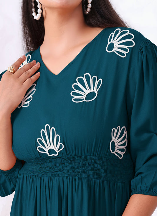 Teal Pure Rayon Embroidered Tiered Maxi Dress