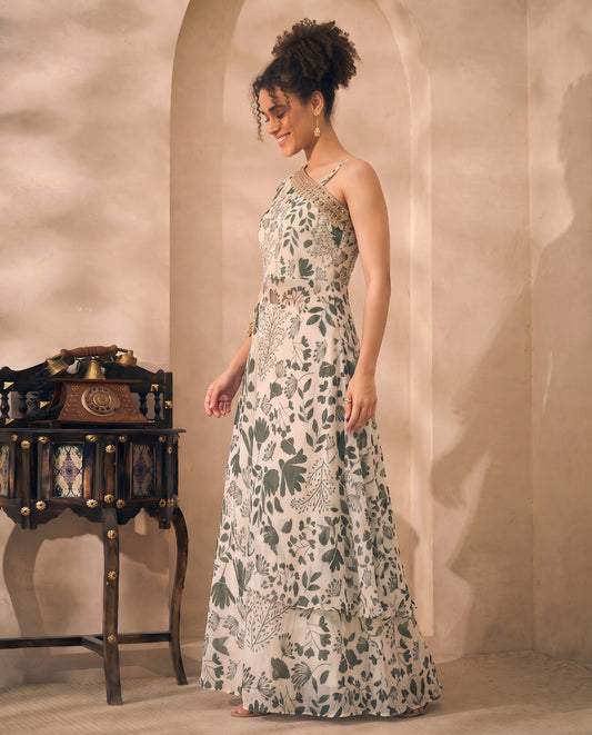 Multicolor Floral Printed Chiffon Lurex One Shoulder Tunic & Palazzo Indo Western Women Co-ord Set