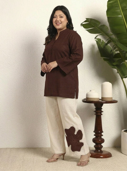 Embroidered Patch Work Women's Plus Size Co-Ord Set Flex Kurta with Ankle Length Palazzos Mandarin Collar Co-ord Set