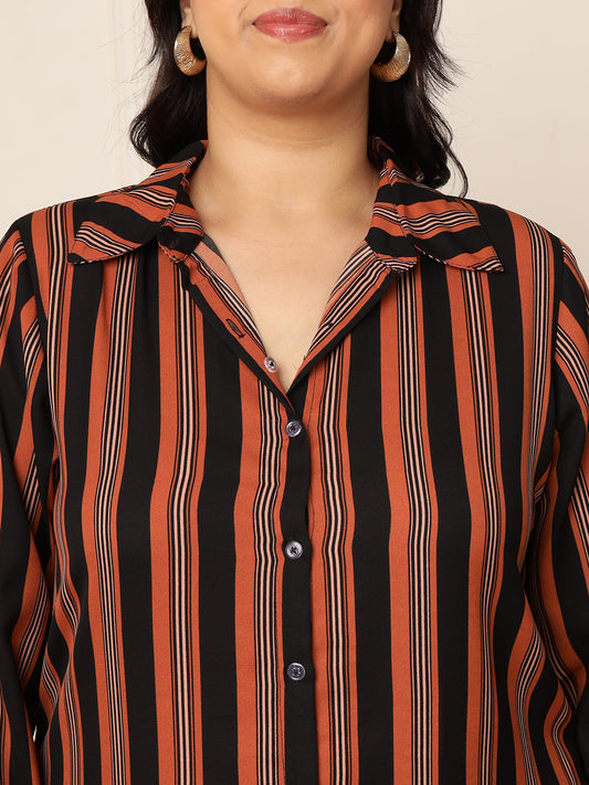 Women's Plus Size Black Multicolour Striped Printed Shirt Dress