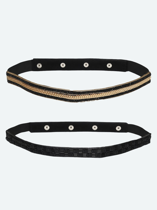 Women's Black-Gold Toned Embellished 2 PU Belt