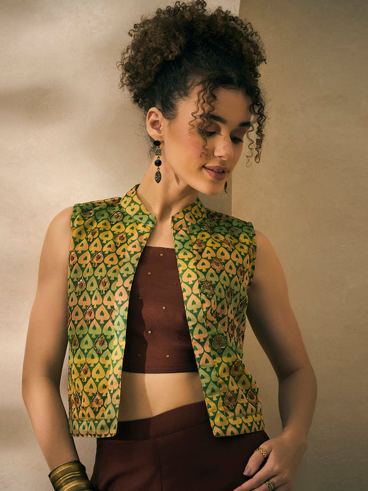 Heart Printed Embroidered Jacket With Crop Top With Palazzo Indo Western Women 3 Piece Set