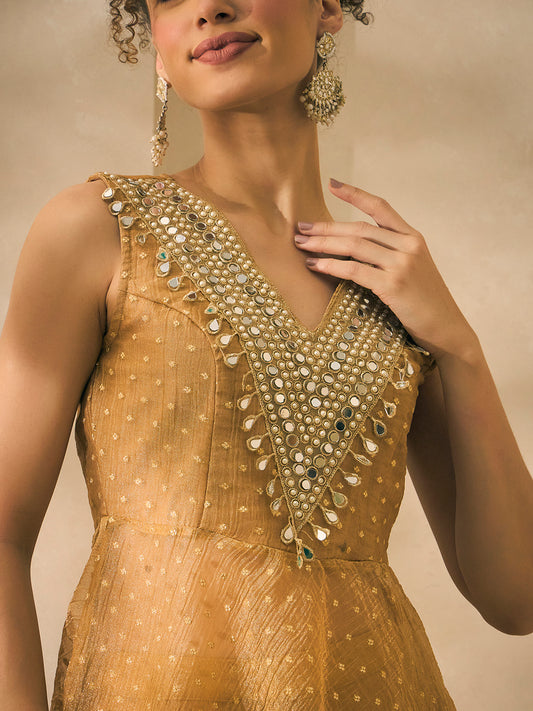 Shimmer Golden Butti Work Peplum Top And Palazzo With Dupatta Indo Western Women 3 Piece Set