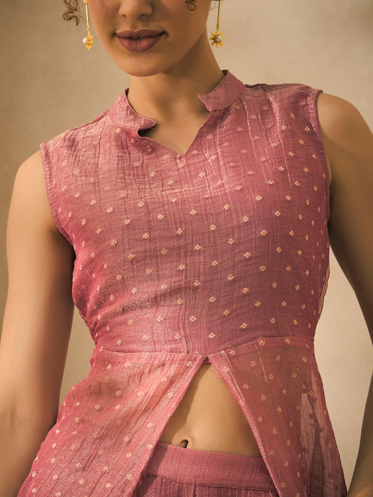 Pink Shimmer Butti Work Centre Slit Kurti With Palazzo Women Indo Western Co-ord Set