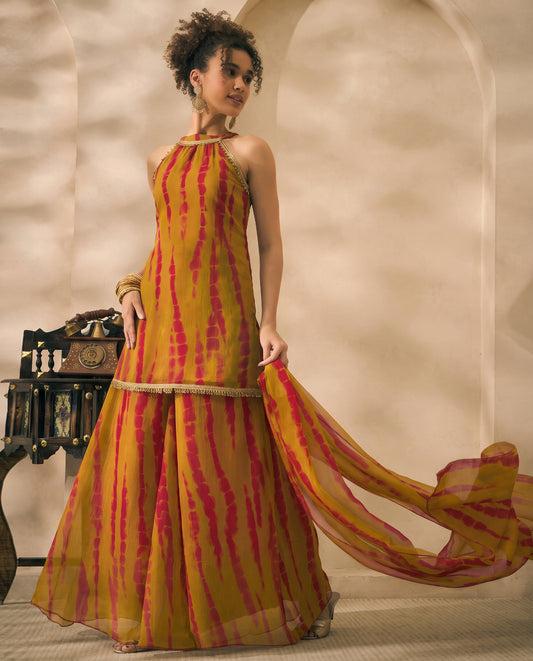 Olive Tie Dye Chiffon Kurta With Palazzo & Dupatta Indo Western Women 3 Piece Set
