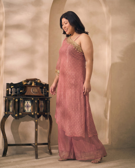 Pink Shimmer Crushed Butti Work One Shoulder Tunic With Palazzo Plus Size Indo Western Women Co-ord Set