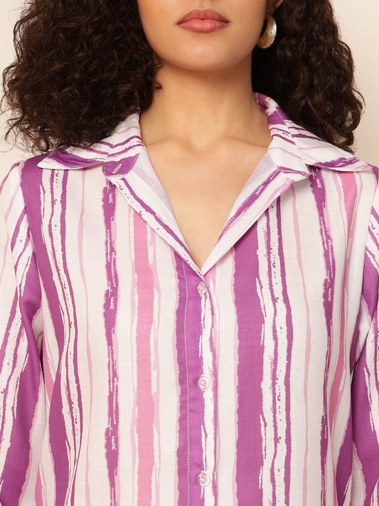 Purple Striped Linen Women Shirt