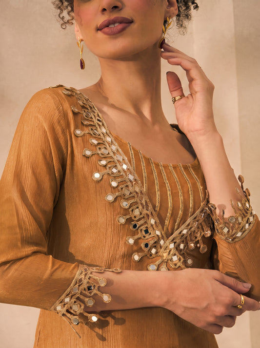 Golden Shimmer Solid Kurta With Palazzo & Bustier Indo Western Women 3 Piece Set