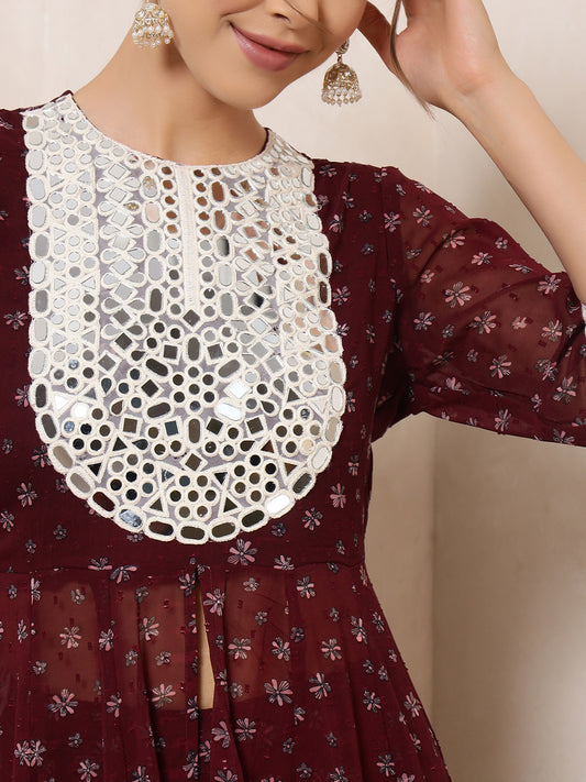 Wine Dobby Floral Printed Anarkali Tunic With Pant Indo Western Women Co-Ord Set