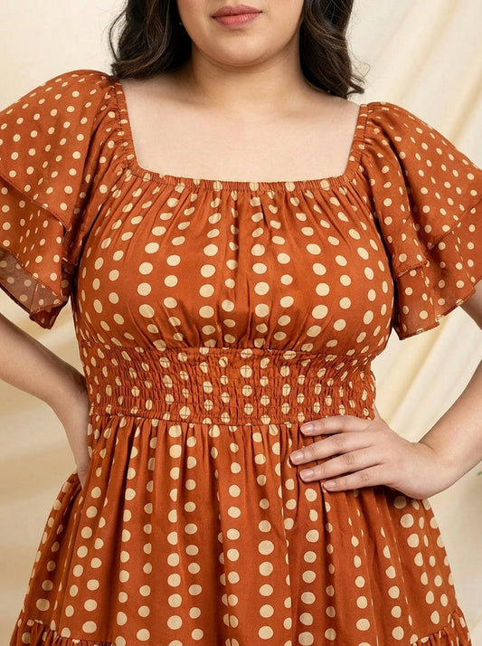 Tan Brown Pure Rayon Polka Dots Women Tiered Dress