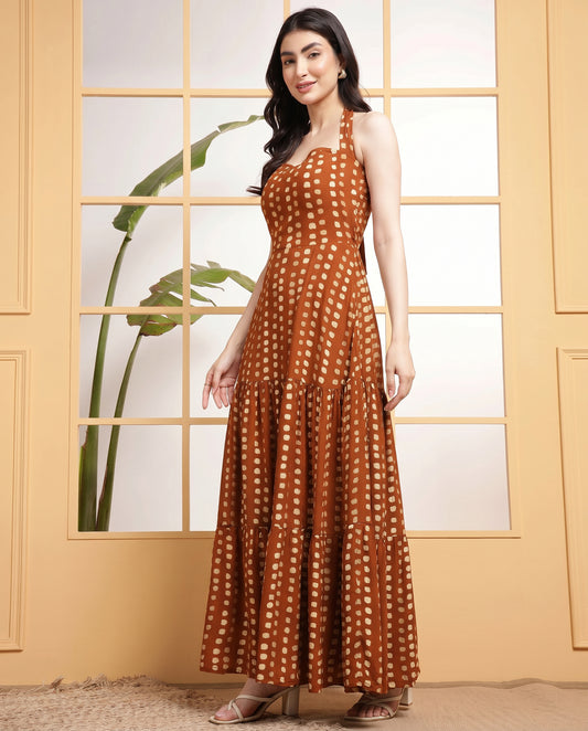 Tan Brown Polka Halter Neck Tiered Women's Plus Size Maxi Dress
