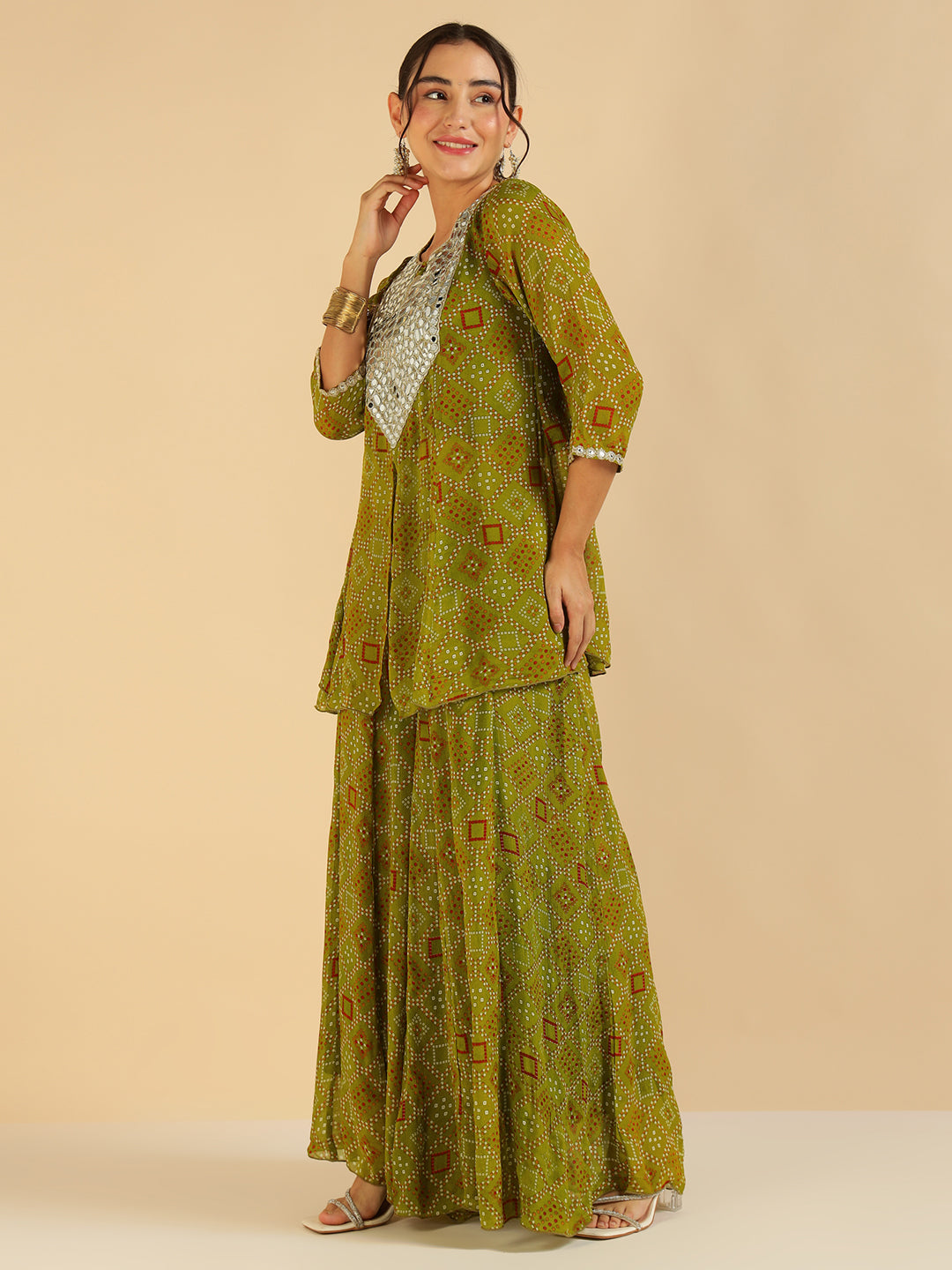 Bandhani Top Bandhani Printed Peplum Top With Sharara Fusion Women Co-Ord Set