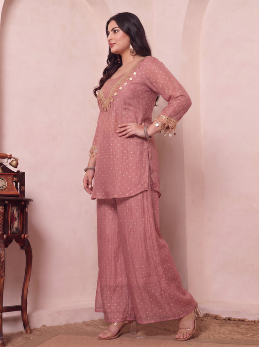 Pink Solid Shimmer Butta Deep Neck Kurta With Palazzo And Bustier Indo Western Women Plus Size 3 Piece Set