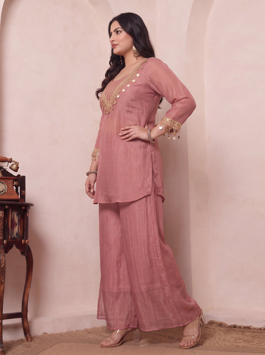 Pink Shimmer Solid Kurta With Palazzo & Bustier Indo Western Women Plus Size 3 Piece Set
