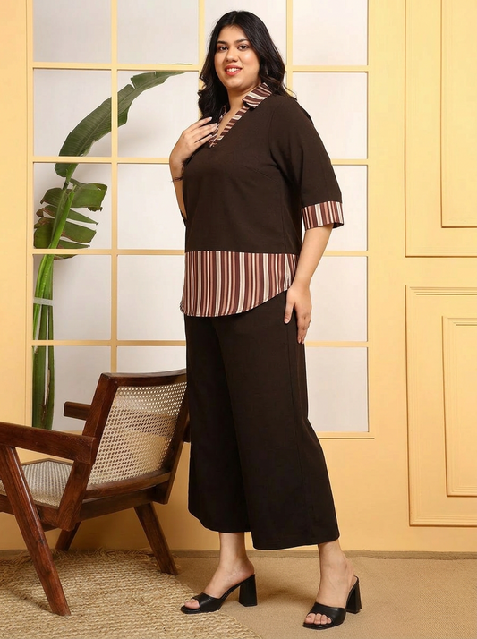 Chocolate Brown Cotton Striped Shirt Style T-Shirt Women's Co-Ord Set