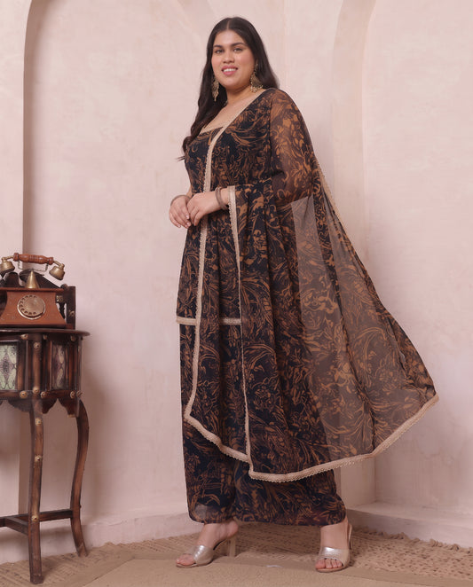 Black Abstract Printed Chiffon Kurta & Palazzo With Dupatta Indo Western Women's Plus Size 3 Piece Set