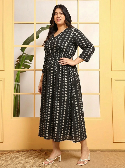 Black Polka Dots Rayon A-Line Women's Plus Size Dress