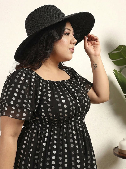 Black Pure Rayon Polka Dots Women Tiered Dress