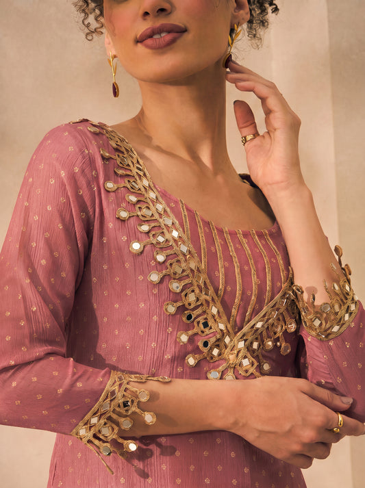 Pink Solid Shimmer Butta Deep Neck Kurta With Palazzo And Bustier Indo Western Women 3 Piece Set