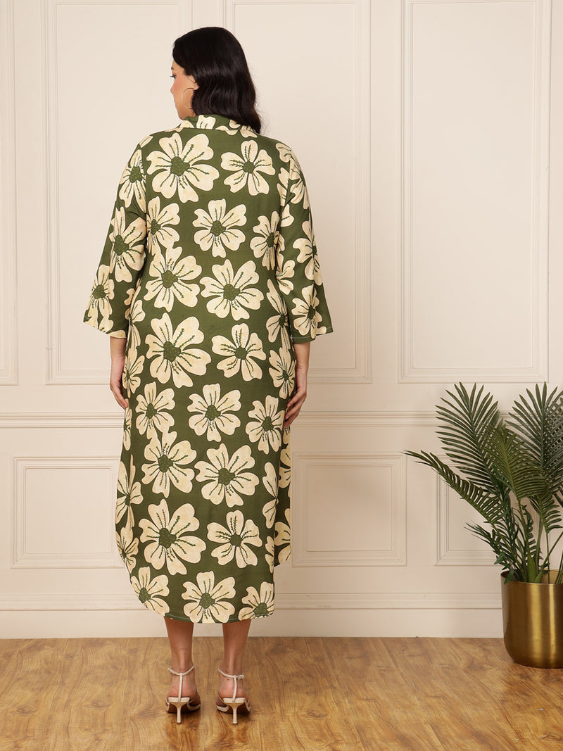 Women's Plus Size Olive Green Floral Printed Shirt Dress