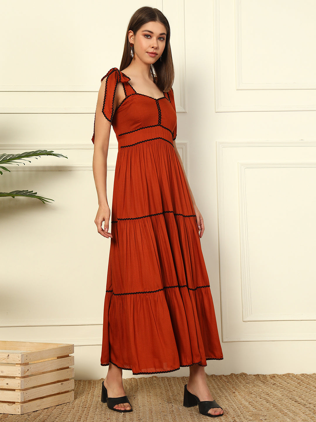 TAN BROWN SWEETHEART NECK TIERED MAXI WOMEN DRESS
