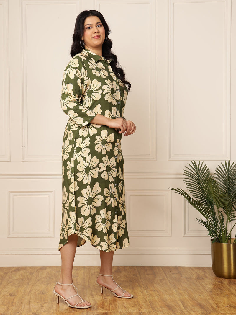 strapless open back dress Women's Plus Size Olive Green Floral Printed Shirt Dress