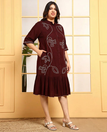 Maroon Rayon Solid Tiered Women's Plus Size Shirt Dress