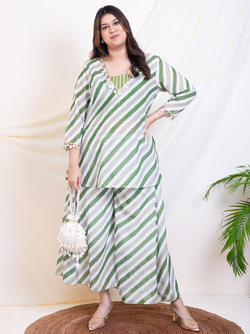 Women's Plus Size Green Stripe Printed Women 3 Piece Indo Western Sets