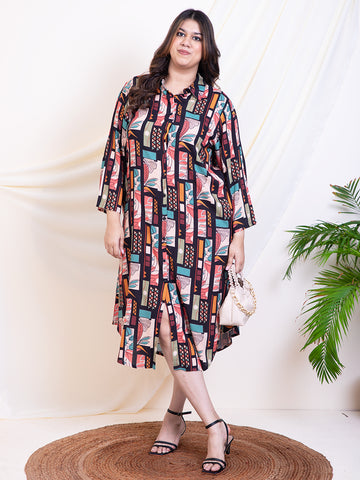 Women's Plus Size Black Box Abstract Printed Women Shirt Dress