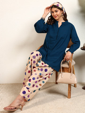 Teal Blue Cotton Flex Solid With Polka Kurta With Salwar Pant Women Co-Ord Set