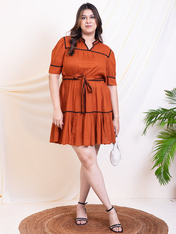 Women's Plus Size Tan Brown Tiered Women Knee Length Dress