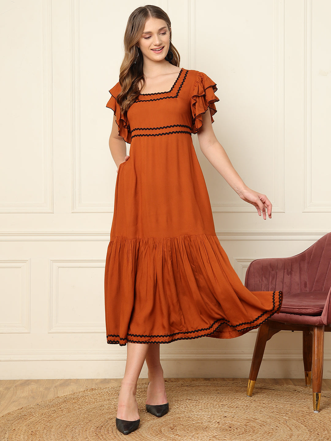 Tan Brown Squared Neck Women Ankle Length Dress